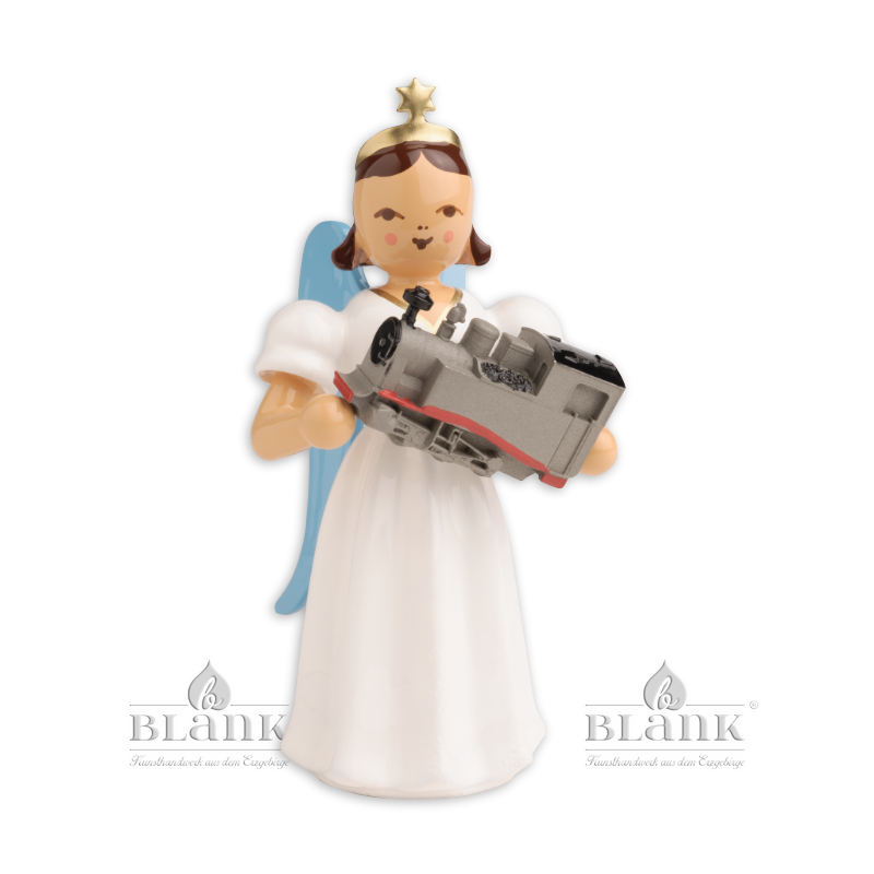 ELF-MF 011 Angel with Long Pleated Robe and Model Train, coloured