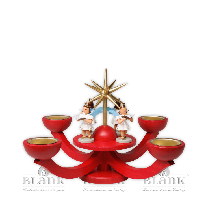 LEF 052T Adventsleuchter mit Teelichthalter und vier stehenden Engeln, rot