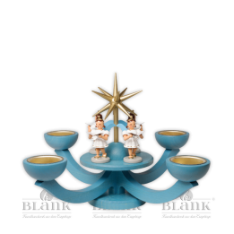 LEF 054T Adventsleuchter mit Teelichthalter und vier stehenden Engeln, blau