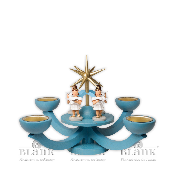 LEF 054T Adventsleuchter mit Teelichthalter und vier stehenden Engeln, blau