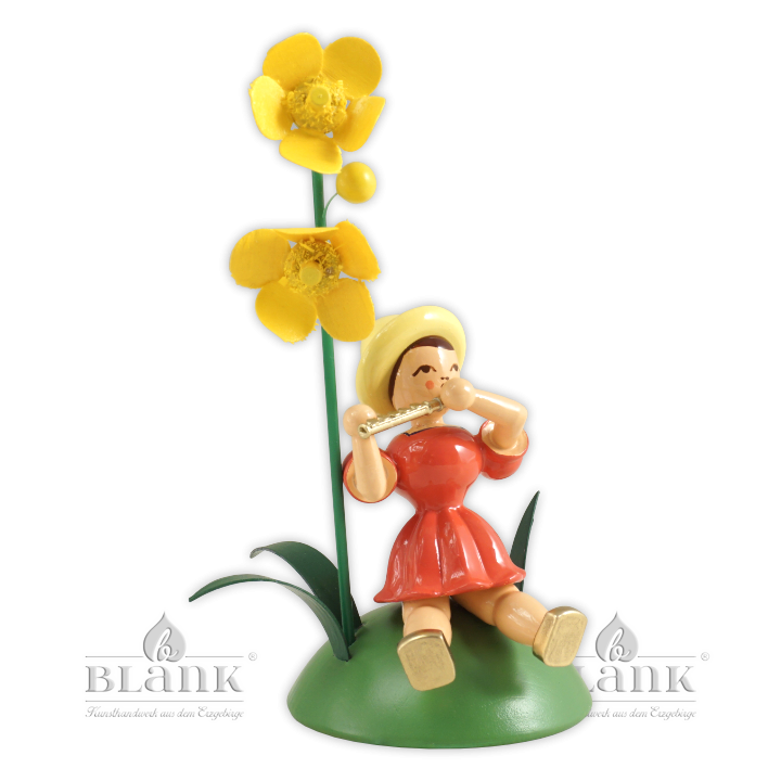 BKS 033 Blumenkind mit Butterblume und Piccoloflöte, sitzend