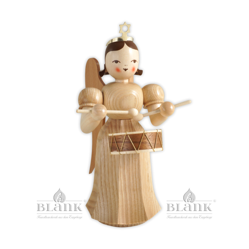 ELM 016 Angel with Long Pleated Robe and Drum, 20 cm