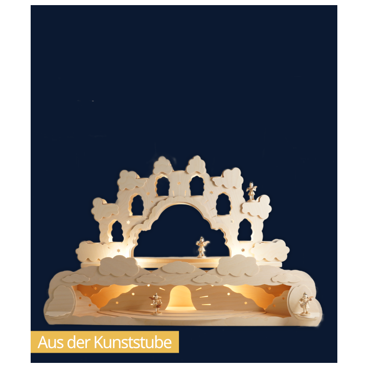 LU-6120 Schwibbogen Engelwolke, natur  - beleuchtet mit Engeln auf Sockel Engelwolke