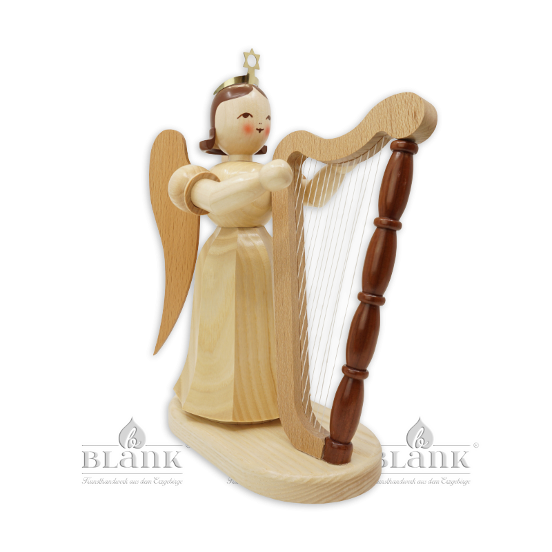 ELM 008 Angel with Long Pleated Robe and Harp, 20 cm