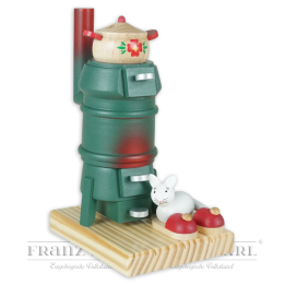 Incense smoking wood stove, green with cat - 16 cm (6.3 inches)