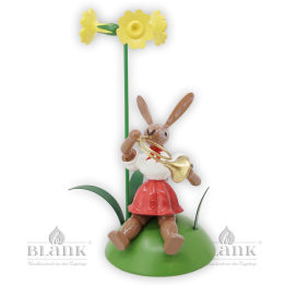 Sitting Easter Bunny with French Horn and Primrose, coloured