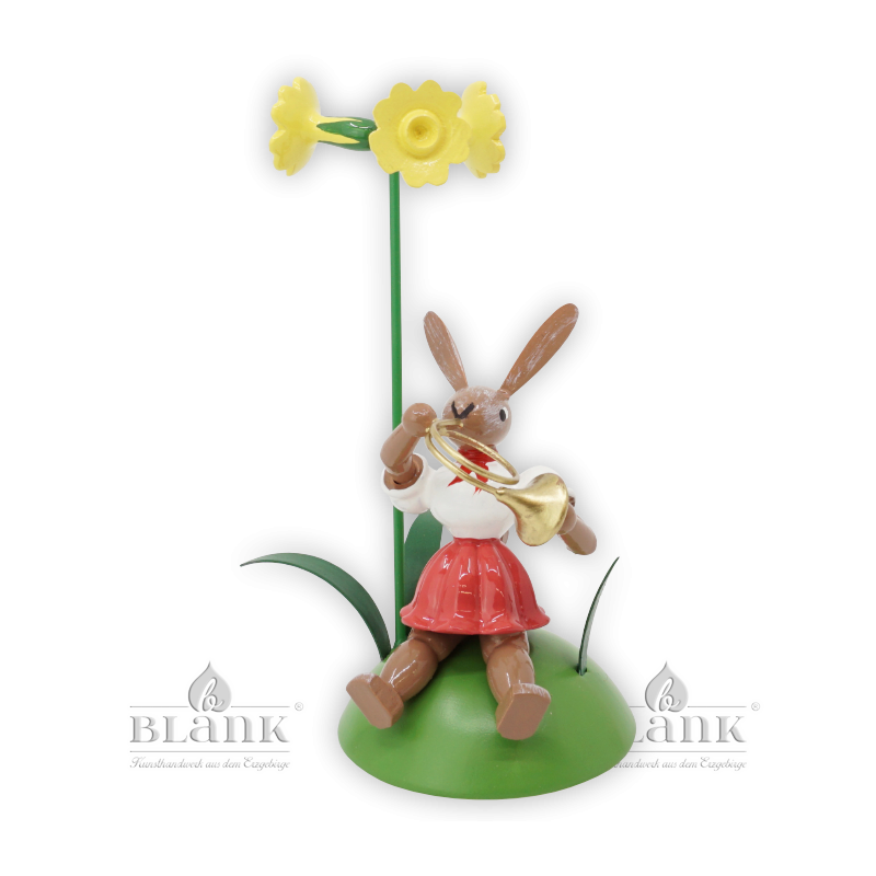 Sitting Easter Bunny with French Horn and Primrose, coloured