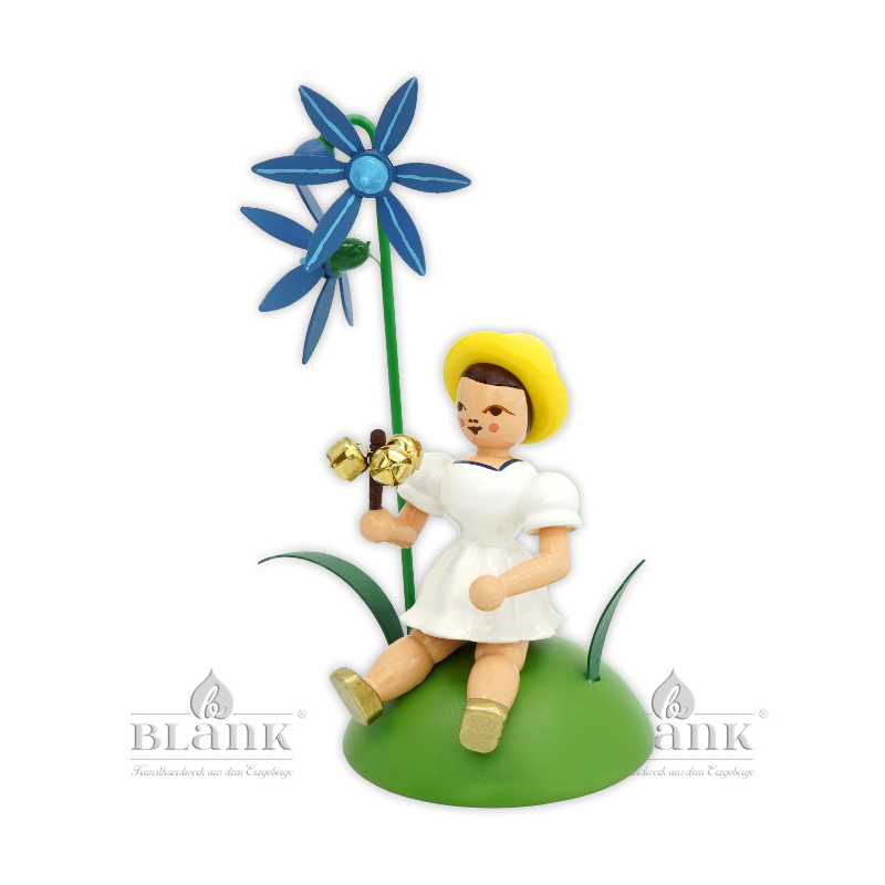 Flower Child with Siberian Squill and Bell Stick, sitting