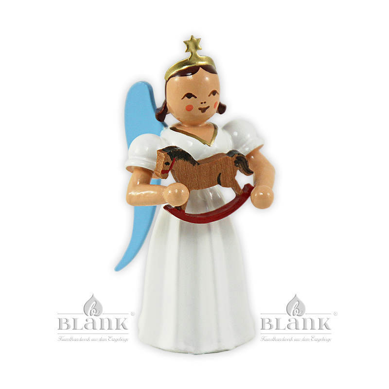 ELF-MF 008 Angel with Long Pleated Robe and Rocking Horse, coloured